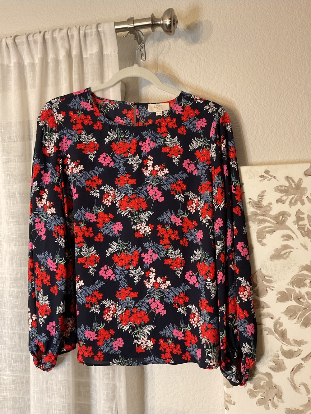 LOFT Navy Floral Long-Sleeve Blouse with Red & Pink Blooms